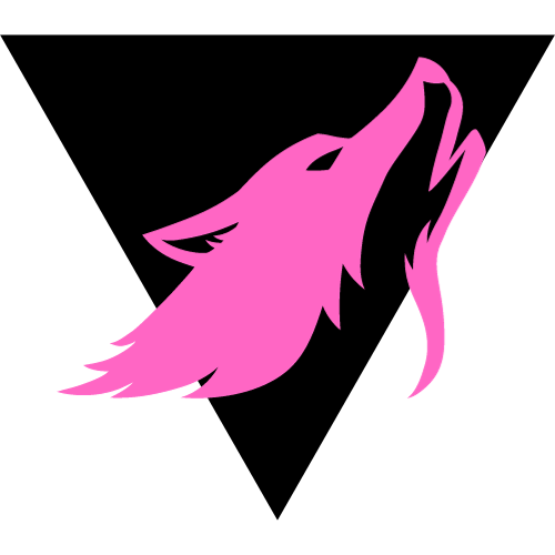 a pink wolf in front of a black triangle